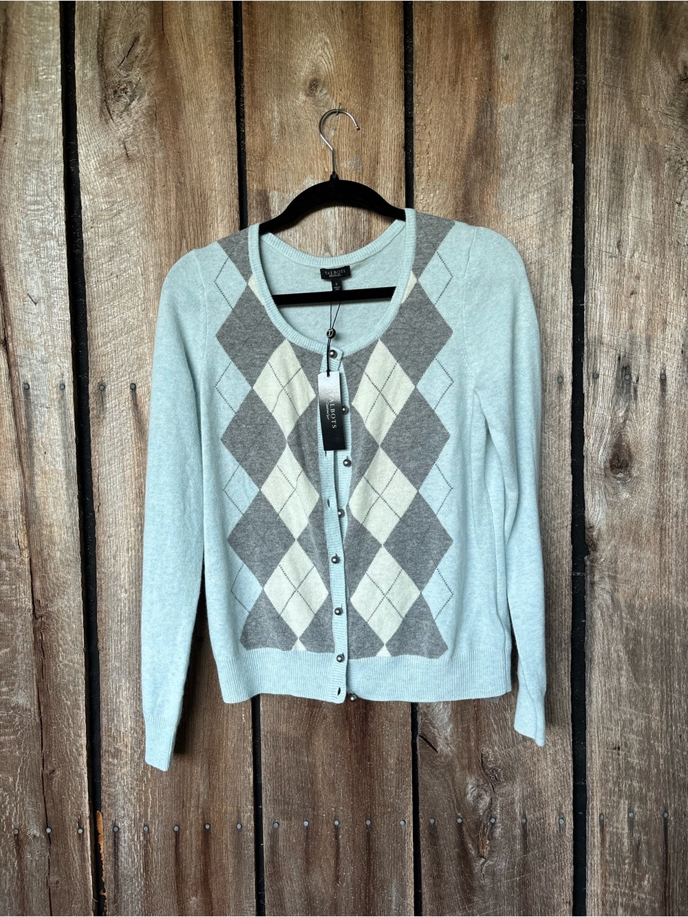 Talbots Argyle Cardigan Sweater Small Blue Gray Lambswool Angora NWT Academia - Picture 2 of 7